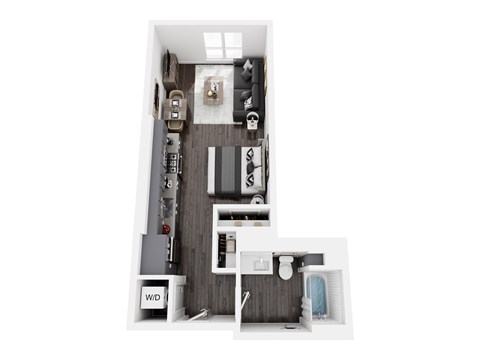 A top down view of a small apartment with a kitchen, living room, and bathroom.